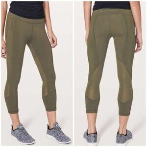 Lululemon Pace Rival Crop Leggings 22" Dark Olive Mid Rise Mesh Stretch Sz 2